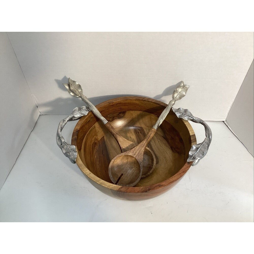 wooden bowl w/ ornate metal leaf branch handles matching spoons 12” diameter